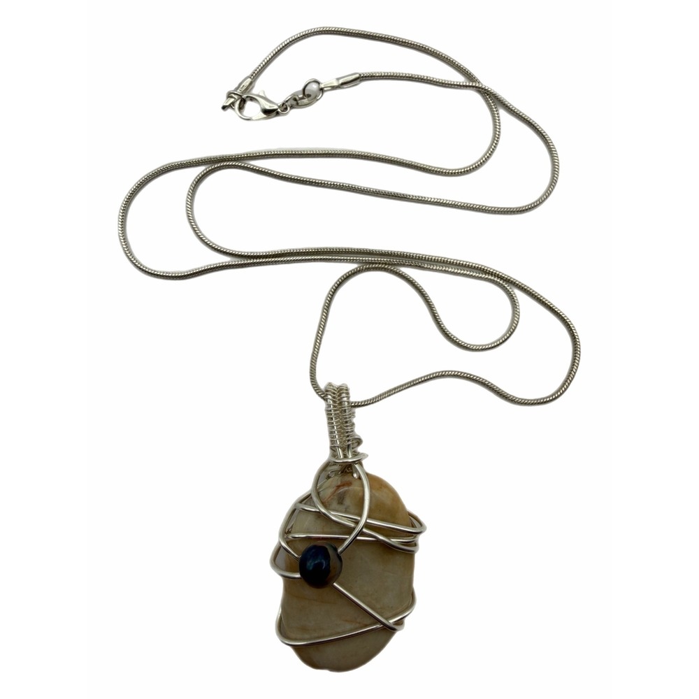 Handmade Wire Wrapped Stone Pendant Necklace Silver Tone Snake Chain Boho Rock
